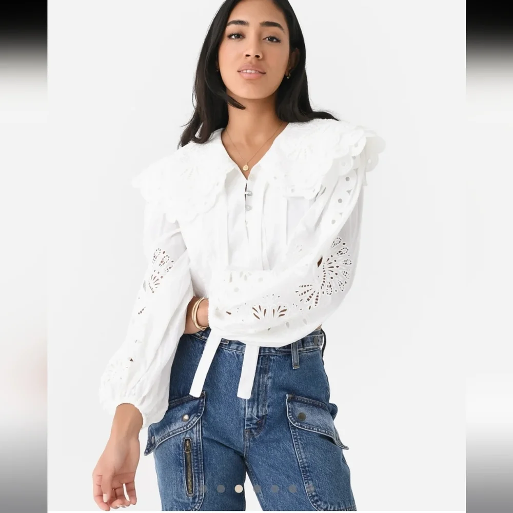 FARM RIO Richelieu Big Collar Off White Battenberg Lace Blouse M RARE SRP $240 - Picture 6 of 16